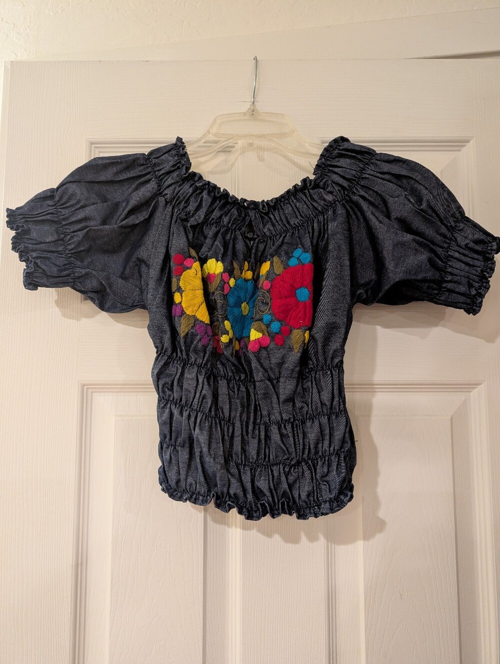 Embroidered Off-Shoulder Thick Peasant Top in Dark Denim